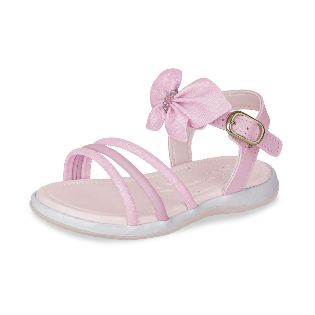 Sandália infantil Kidy rosa vista frontal com tiras cruzadas e laçada decorativa.